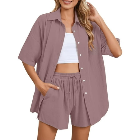 Bunenne Linen Sets for Women 2 Piecelinen Suits for Womenlinen Outfits Womenwomen 2 Piece Outfit Summer Short Sleeve Top and Shorts Sweatsuit Setspring Outfits for Women 2025 Pink S