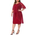thumbnail image 4 of Agnes Orinda Women's Plus Size Cocktail Dresses Sequin Mesh Cape Overlay Crew Neck Wedding Guest Foral Midi Pencil Bodycon Dress 1X Red, 4 of 6
