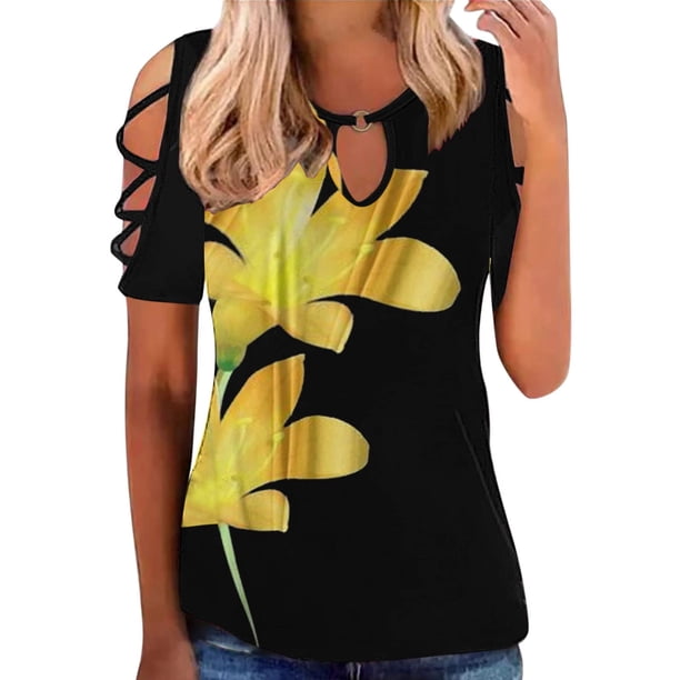 Blusa de camiseta informal con estampado de manga corta y cuello redondo de verano para mujer a la moda Fridja hjk2077