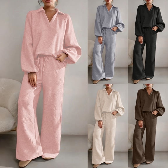 FRSASU Lounge Set for Women Travel Outfits 2 Piece Knitted Sets Long Sleeve Top Wide Leg Long Pants Loungewear Pink