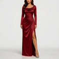 thumbnail image 5 of BRGZLK Women Cowl Neck Maxi Dress Gown Fall Satin Long Sleeve Pleated Fitted Waist Elegant Slit Bridesmaid Dresses Wedding Guest Dress Formal Evening Party Gown 1#Wine S, 5 of 7