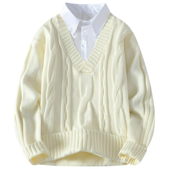 GBSYEWXS Men Pullover Sweaters Long Sleeve Pullover Thermal Solid Color Outdoor Beige V-Neck Sweater