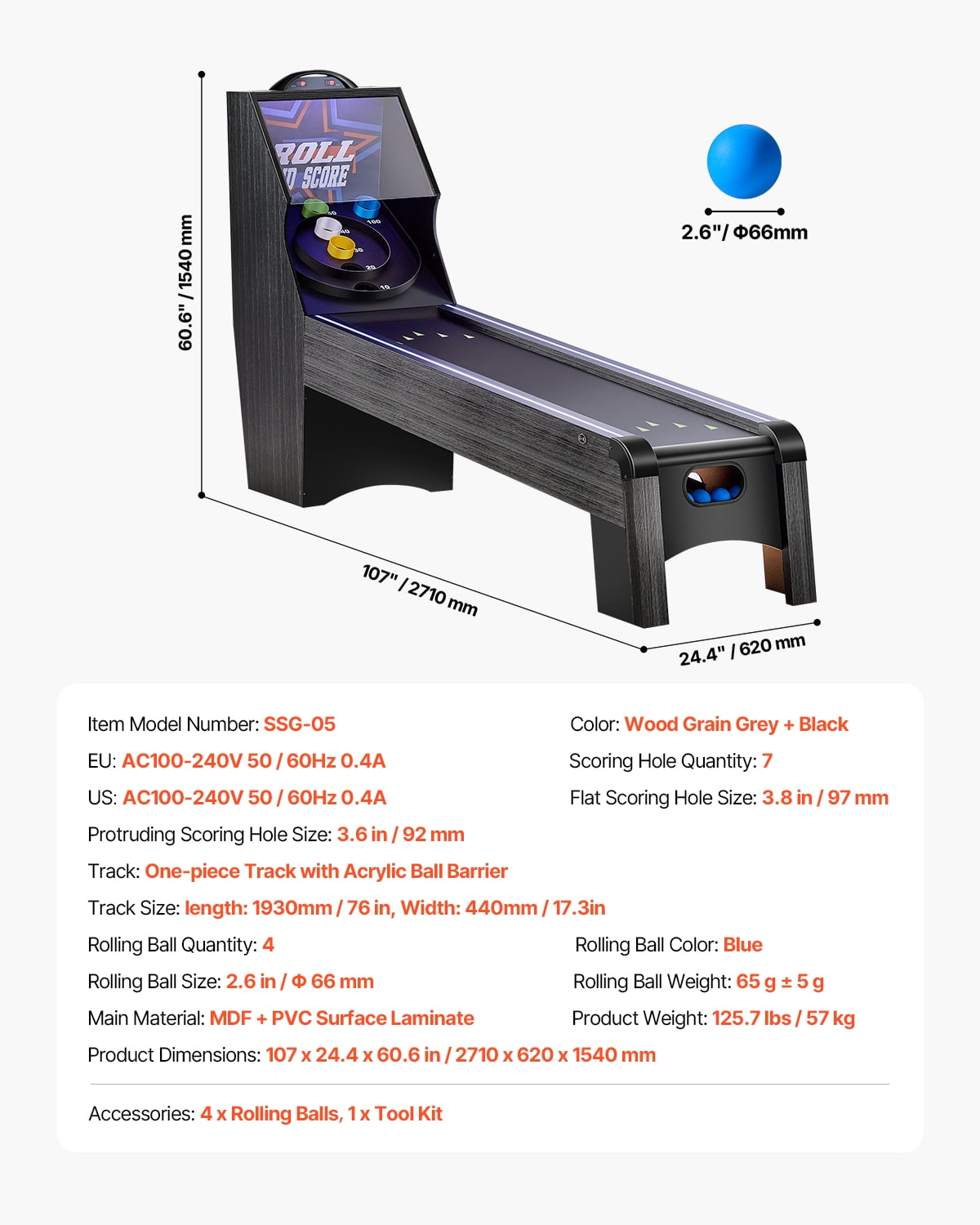 VEVOR 9' Roll and Score Classic Arcade Game Table, with LED Electronic Scorer & Track Lighting,Sound, Automatic Ball Return,Adults Kids Home Recreation Game Room,4 Balls Included