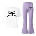 thumbnail image 5 of ZHOGXU Big Kids Girls Outfit Bow Printed Short Sleeve Round Neck Top And Flare Leg Pants Two Piece Comfortable Fashion Sets For Daily Wear Purple 7-8 Years, 5 of 5