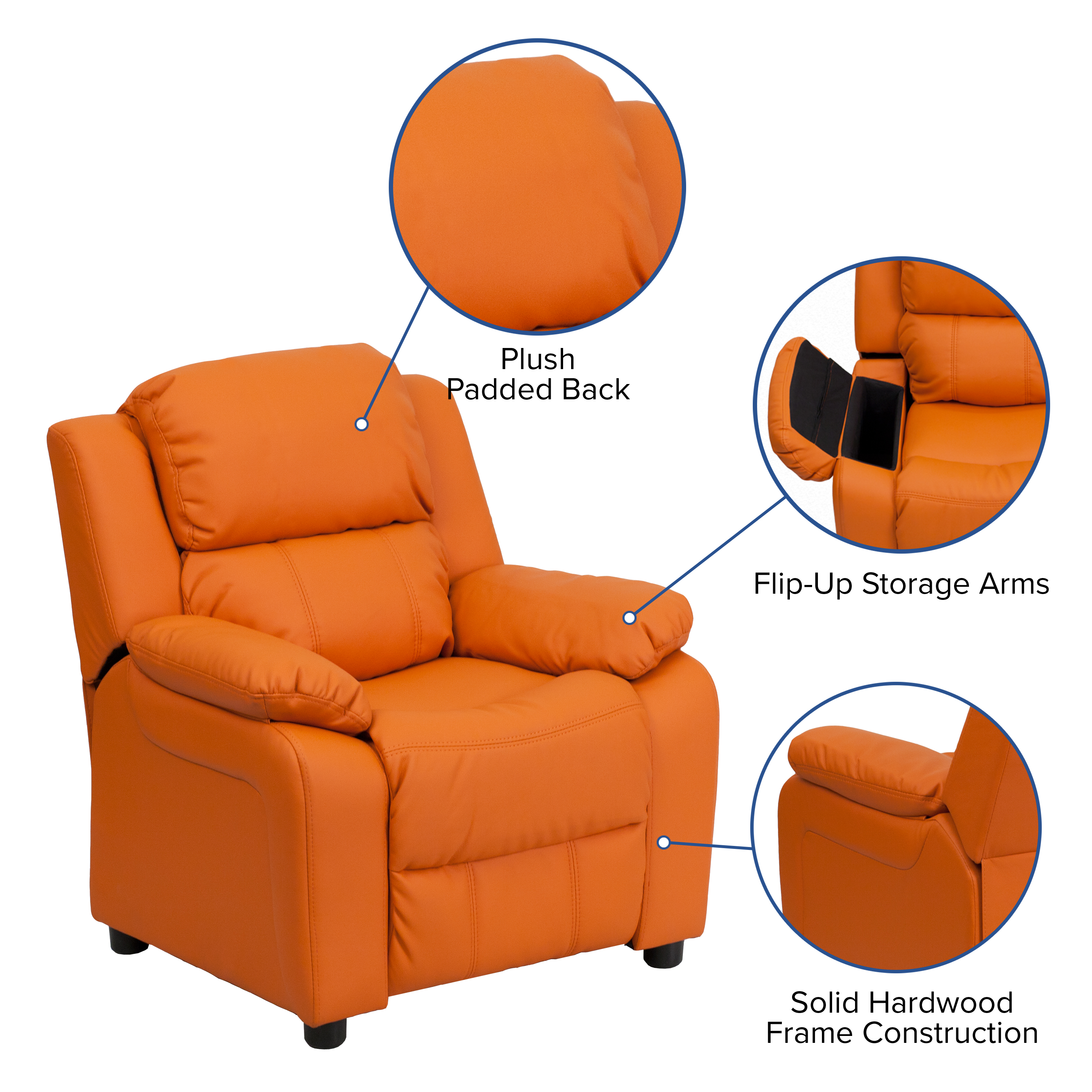 Flash Furniture Deluxe Padded Contemporary Orange Vinyl Kids Recliner with Storage Arms - image 5 of 13