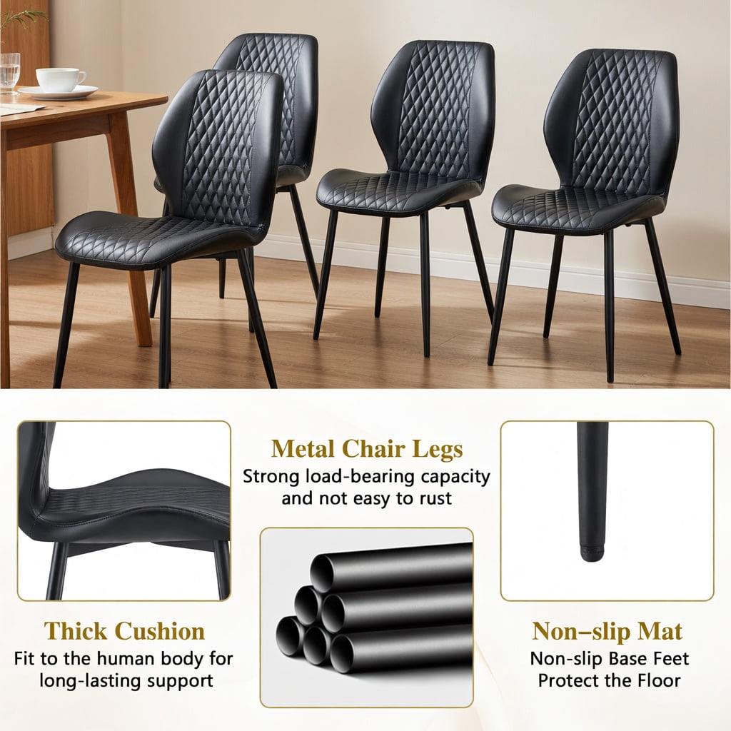 Hommoo Set of 4 Modern Diamond-Quilted PU Dining Chairs with Sleek Black Metal Legs, Ergonomic Upholstered Chairs for Dining Room, Cafe & Small Spaces, Black