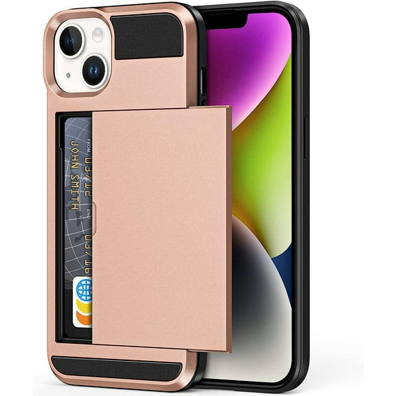 Case for iPhone 14 Case with Card Holder, Shockproof Heavy Duty Wallet Case [Credit Card Slot][Slide Cover] Anti-Scratch Shell Dual Layer  Bumper Protective Phone Case 6.1 inch, Rose Gold