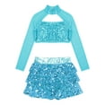 thumbnail image 3 of TiaoBug Kids Girls Sequins Jazz Hip Hop Dance Outfits Long Sleeve Cutout Crop Top Tutu Skirts Modern Performance Dancewear Lake Blue 14, 3 of 5