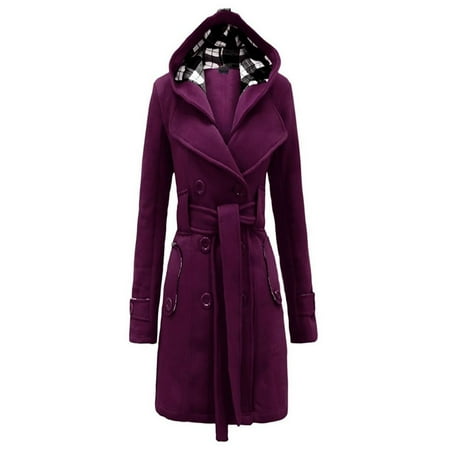 Purple Winter Coat - Ropalia Women Winter Hoodie Long Coat Trench Outwear Jacket Slim Coat w/Belt