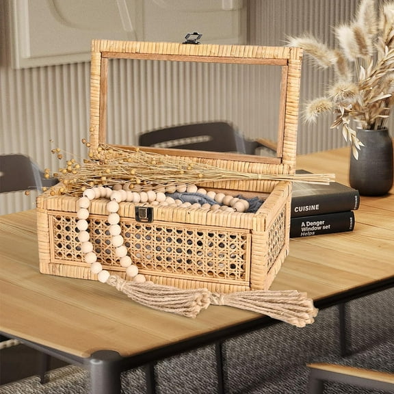 Rattan Decorative Box with Lid, Rectangular Woven with Glass for Display, Set of 2 Wicker for Decor