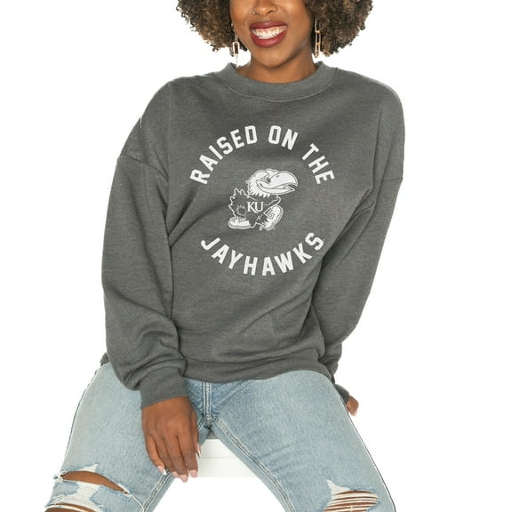 Women's Gameday Couture Kansas Jayhawks Charcoal Oversized Drop Shoulder Fleece Drop Pullover Sweatshirt