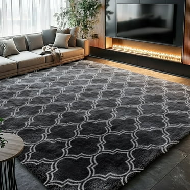Pentantan 5ft x 8ft Geometric Shag Area Rugs for Living Room, Moroccan Fluffy Bedroom Carpet, Dark Gray