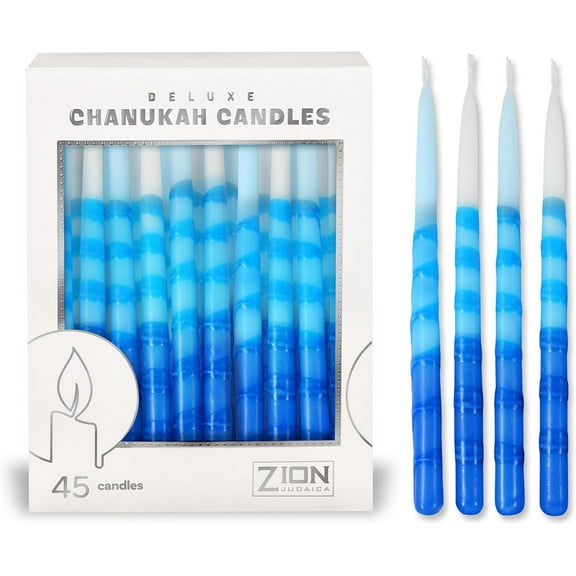 Zion Judaica Deluxe Chanukah Candles Set of 45 Ombre Blue and White Hanukkah Menorah Candles with DIY Dreidel and  Candle Lighting Blessings Card