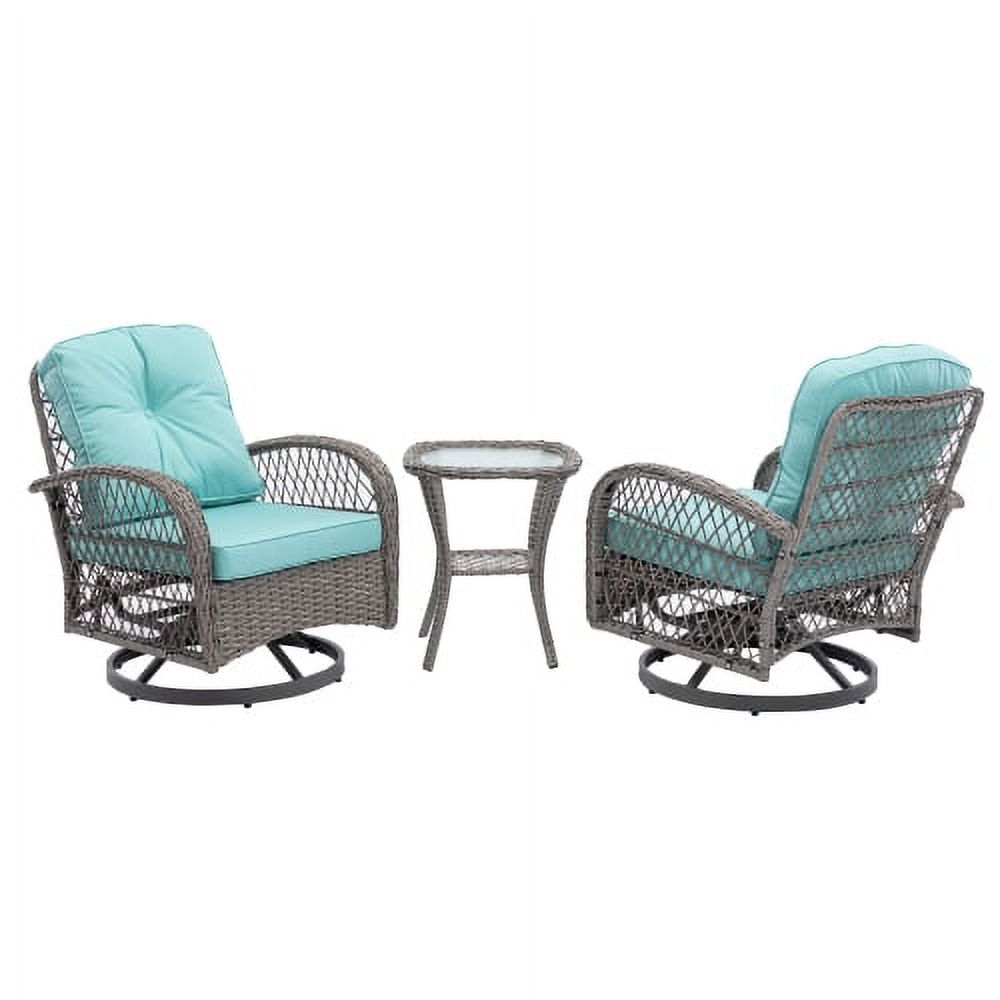 3 Pieces Patio Furniture Set, Patio Swivel Rocking Chairs Set, 2PCS Rattan Rocking Chairs and Side Table, Wicker Patio Bistro Set with Padded Cushions, for Patio Deck Porch Balcony,Blue - image 3 of 7