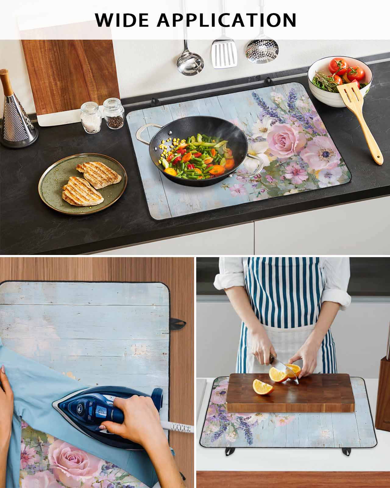 nqOlkjepod Large Induction Cooktop Protector Mat 28.5"x20.5", Spring Pink Flower Stove Top Covers for Electric Stove, Lavender Botanical Blue Wood Board Stove Burner Cover Mats Stove Cover