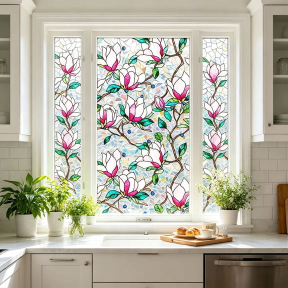 AUNVITO Static Cling Window Film 43 x 100 cm, Floral Stained Glass Decal, Privacy Window Decoration, Removable Window Sticker