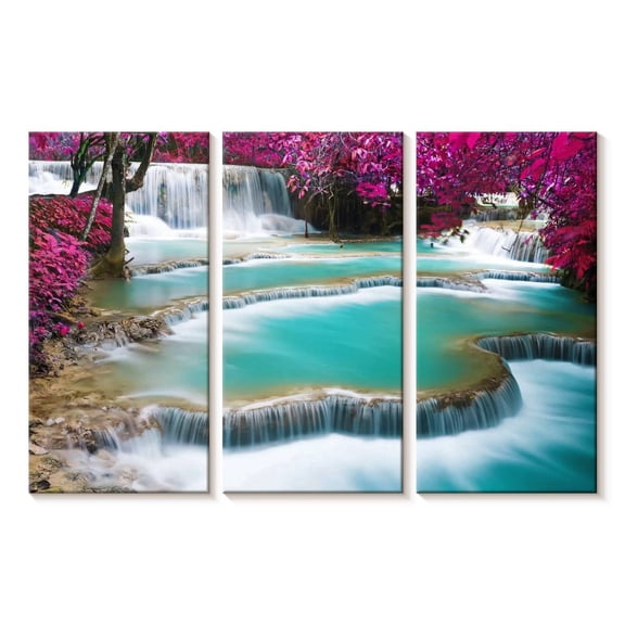 Elephant Stock Kuang Si Waterfall Wall Art - Horizontal Multi Panel Canvas - Living Room Wall Decor - Nature Multi Panel - Turquoise And Purple Decor - 23" x 14"