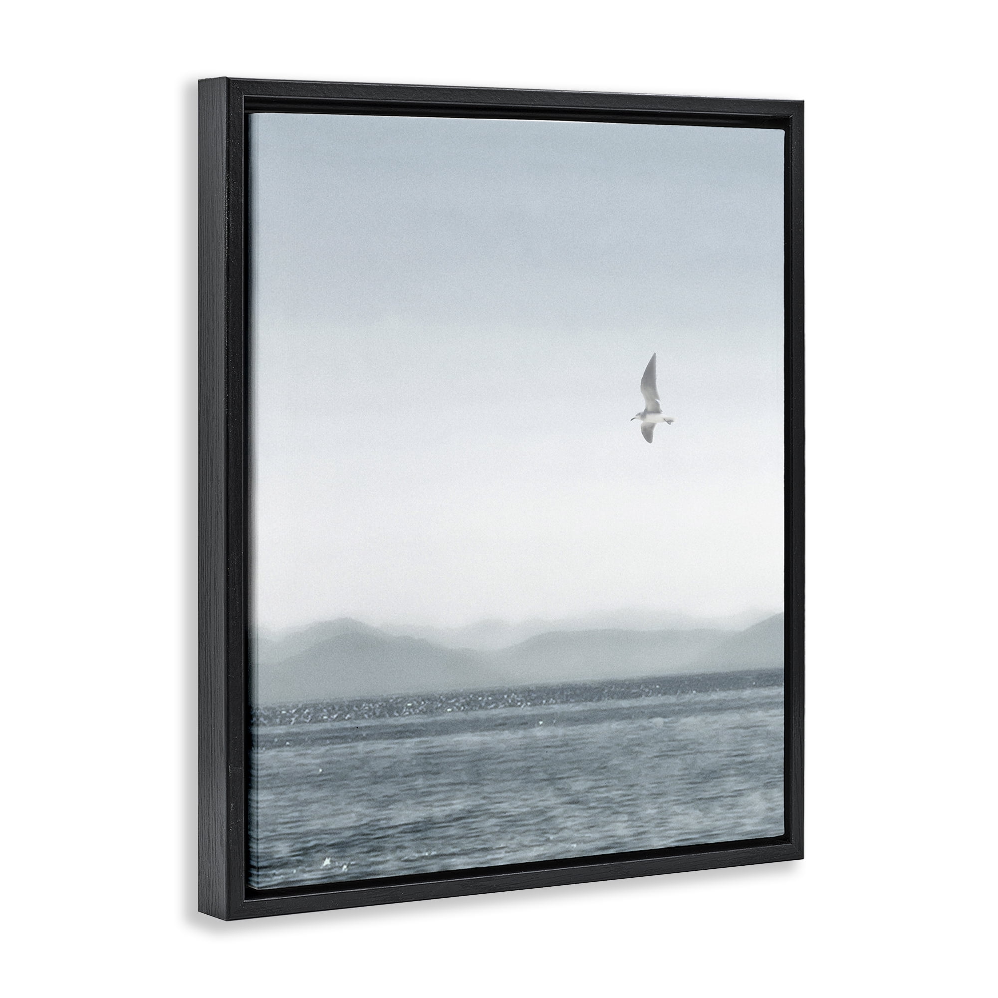 Stupell Industries Lone Gull over Sea Coastal Painting Black Floater Framed Canvas Art Print Wall Art, 25 x 31