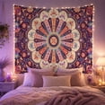 thumbnail image 2 of Floral Mandala on Deep Purple Background, Playful Psychedelic for Boho Decor Lovers, Ornate Bohemian Wall Art, Housewarming Gift, Tapestry Wall Hanging for Living Room and Bedroom, 2 of 7