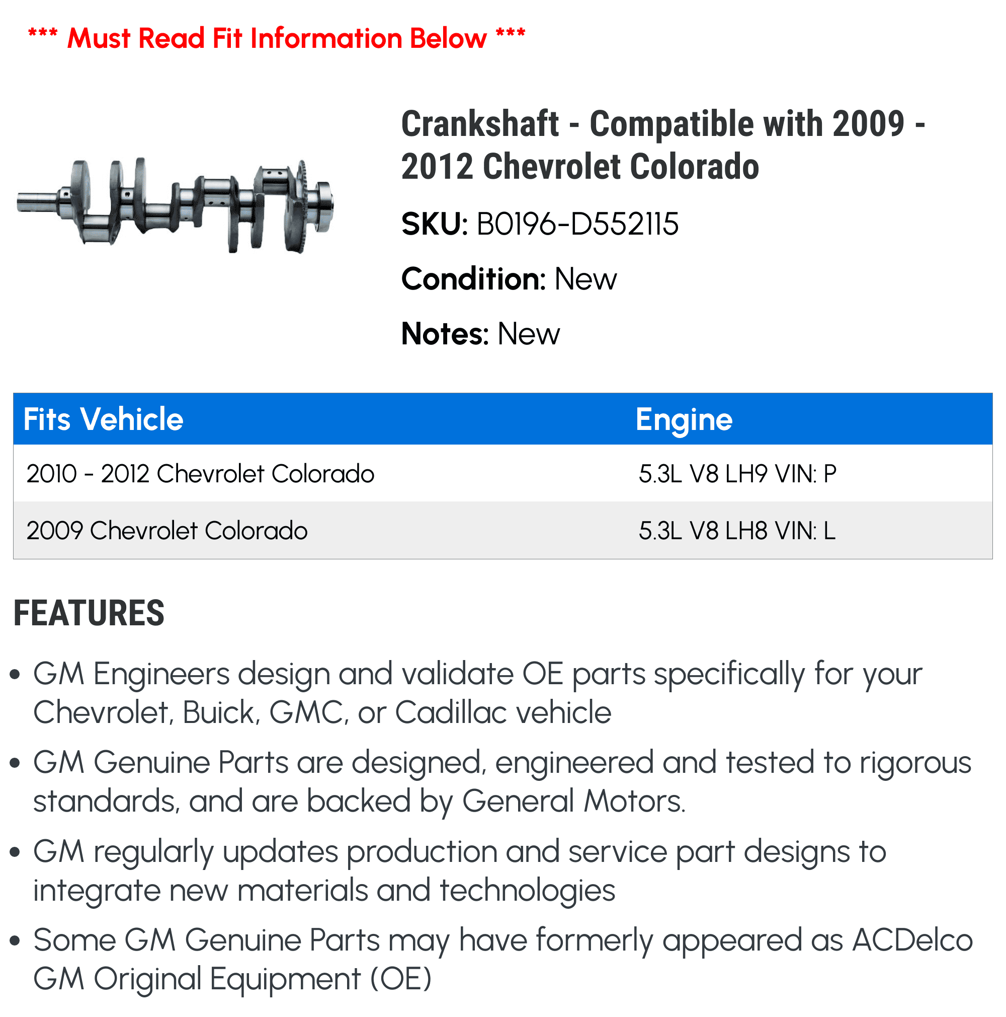 Crankshaft - Compatible with 2009 - 2012 Chevy Colorado 2010 2011
