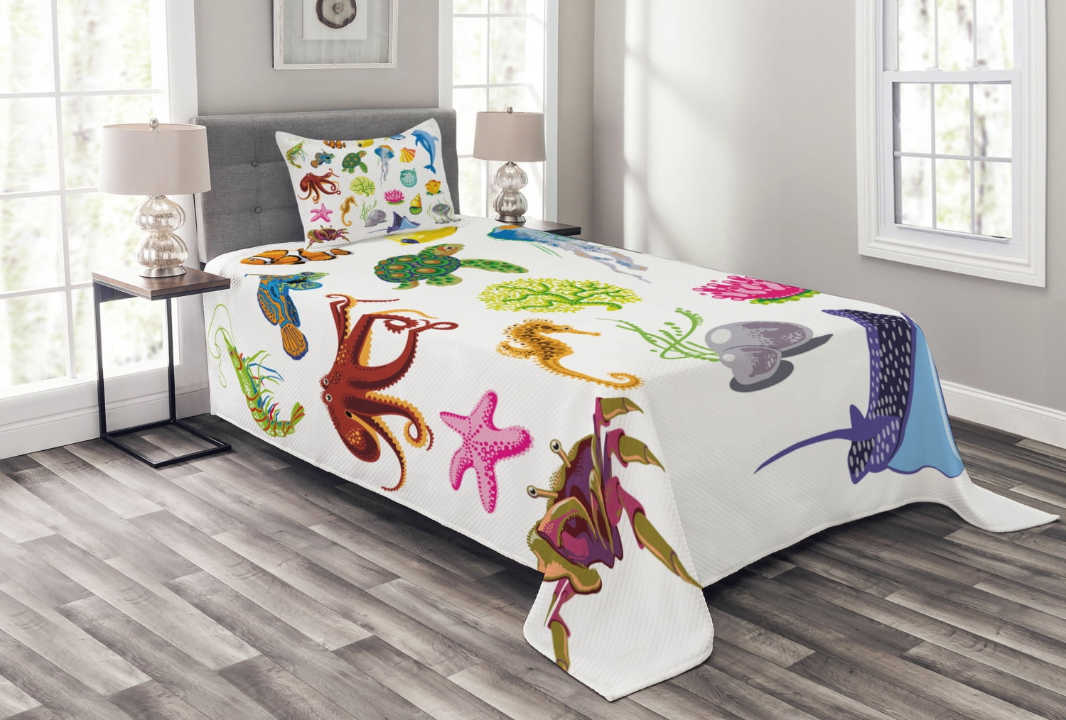 Marine Bedspread Set Twin Size, Sea Animals Octopus Dolphin Shells ...