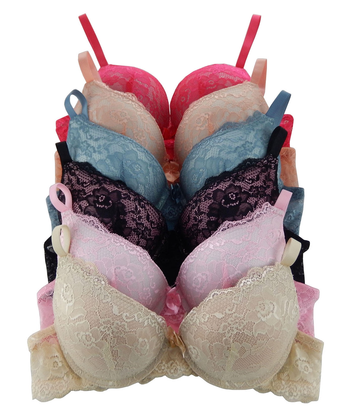 Women Bras 6 Pack of Double Pushup Lace Bra B cup C cup Size 34B (9904)