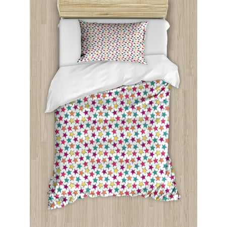 Teenage Bedding Set Colorful Twin Size Duvet Cover Set, Graphic Stars with Grey Frames Youthful Teenage Birthday Party Celebration Pattern, Decorative 2 Piece Bedding Set with 1 Pillow Sham, Multicolor, by Ambesonne ()