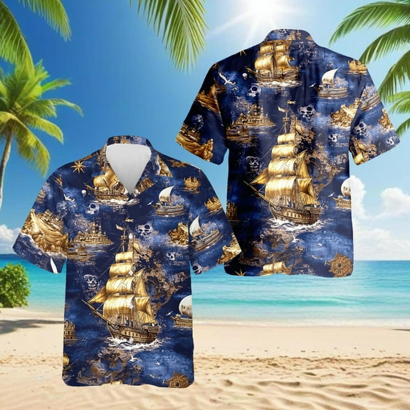 Pirate Ship Hawaiian Shirt for Men, Button Down Summer Beach Short Sleeve, S-5XL