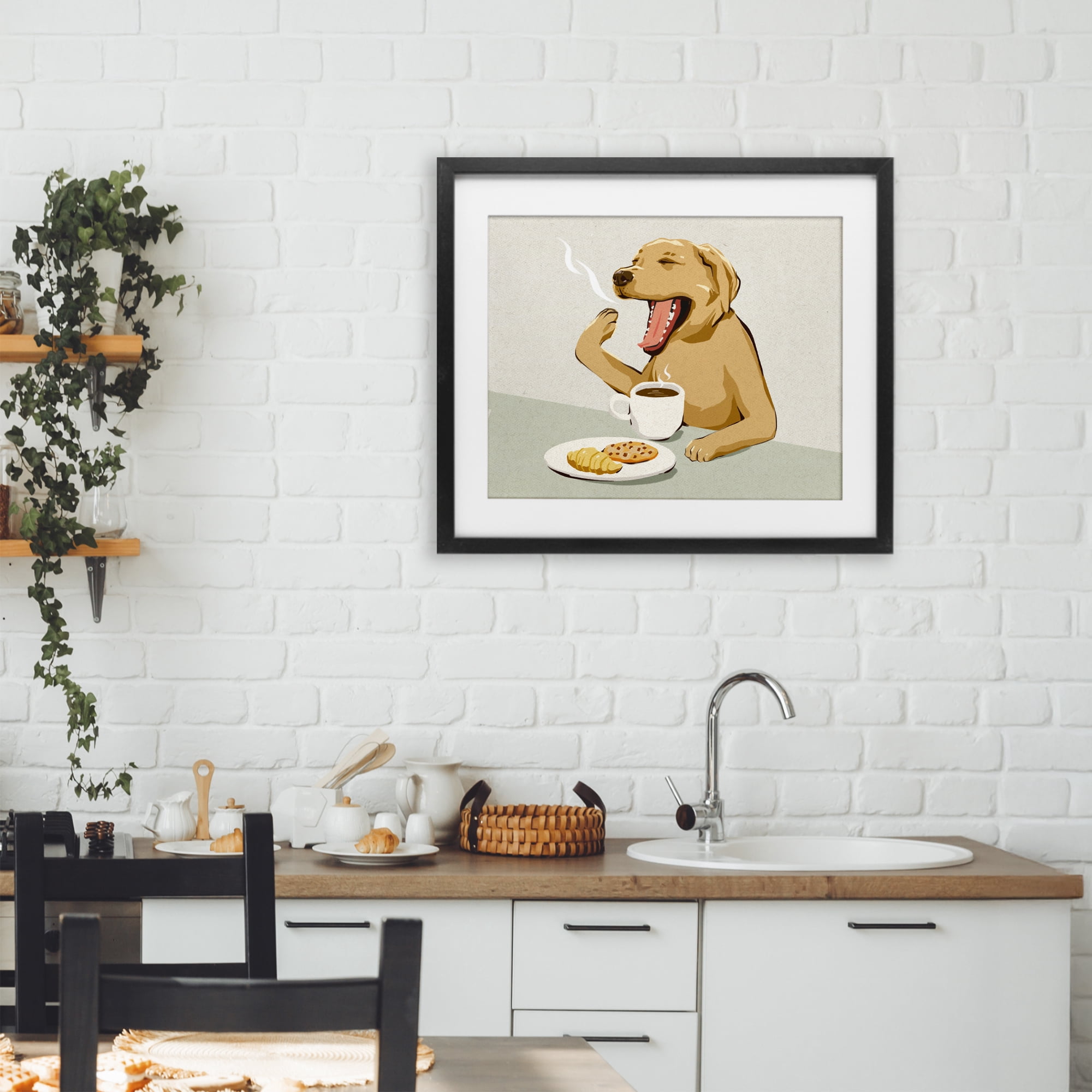 Stupell Industries Yawning Dog with Morning Coffee Black Framed Print Under Glass, design by Ziwei Li