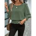 thumbnail image 4 of Women'S 3/4 Sleeve Round Neck Blouses Elastic Waist Hem Smocked Shirts Casual Solid Tops Army Green XL, 4 of 9