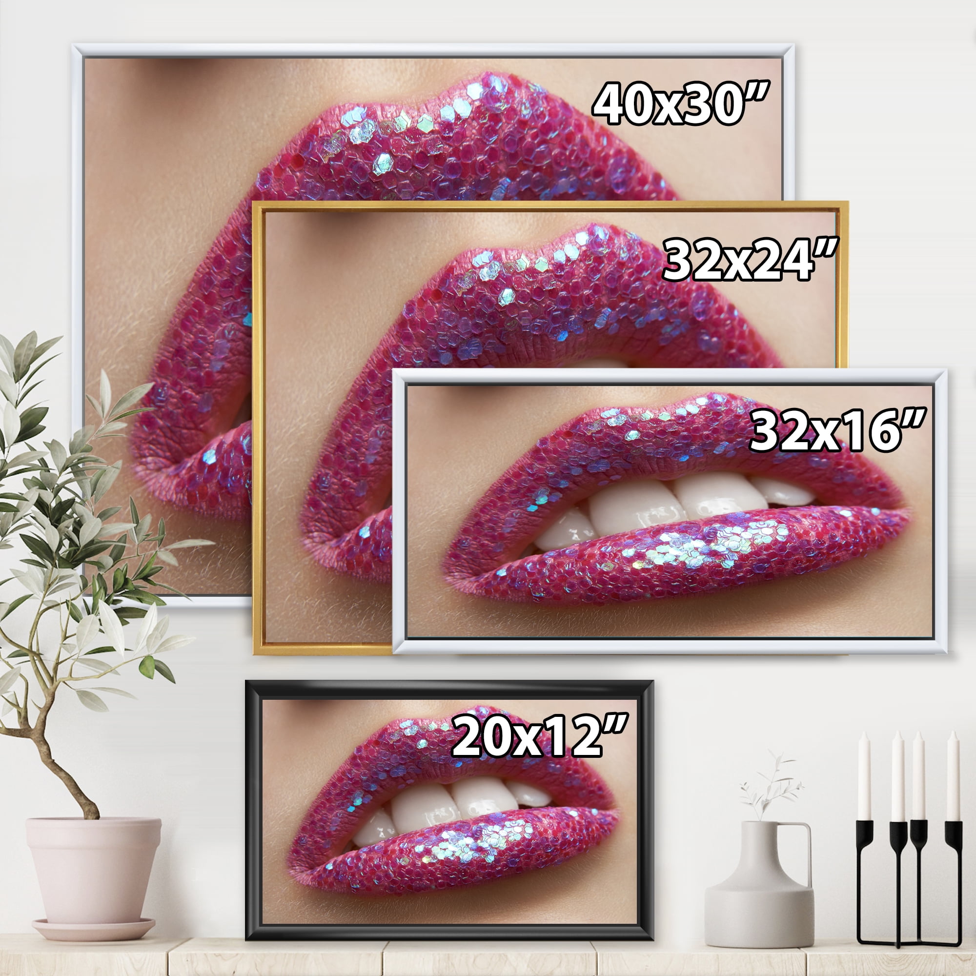 Designart 'Girl Lips Pink Lipstick and Sequins' Modern Framed Canvas Wall Art Print