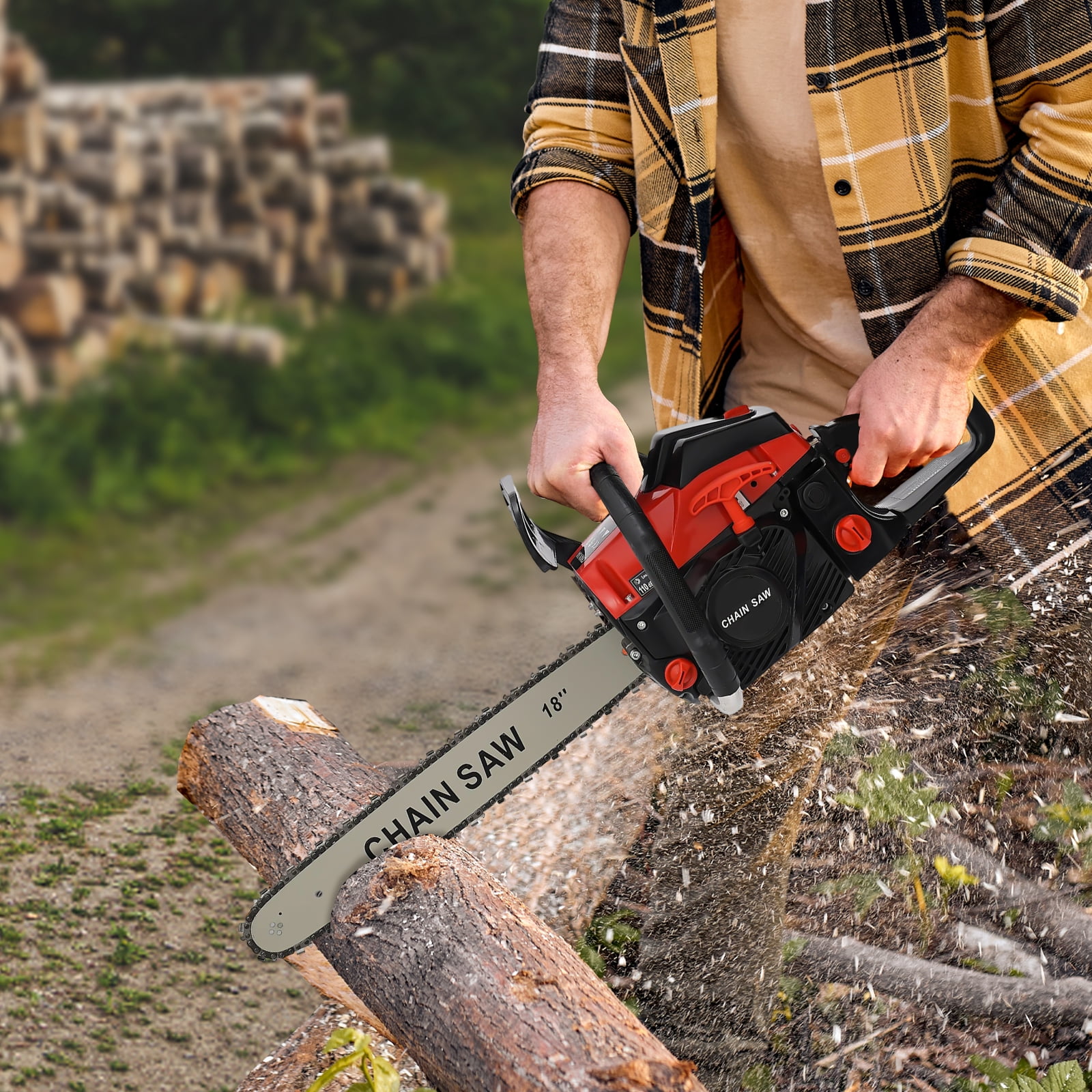 Gas Chainsaw 58cc, 3HP, 10,500 RPM – Lightweight, Ergonomic Design with 18” Guide Bar, Automatic Oiling, Safety Lock – Ideal for Wood Cutting, Tree Pruning, Yard Work