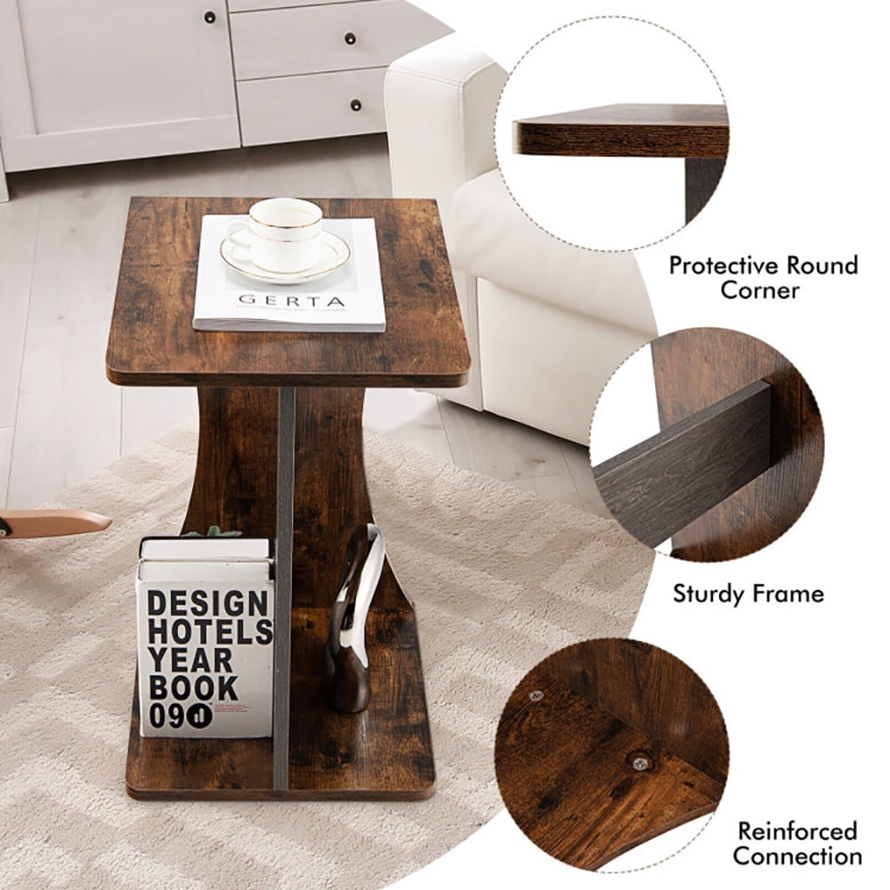 Finihen End Side Table, 2-Tier Compact C-shape Sofa Side Table, for Living Room, Bedroom, Rustic Brown