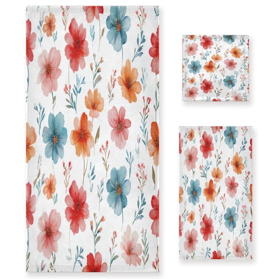 3 Piece Bath Towels Set Bath Towel, Hand Towel and Face Towel for Bathroom, Gym, Hotel Pastel Watercolor Floral Pattern