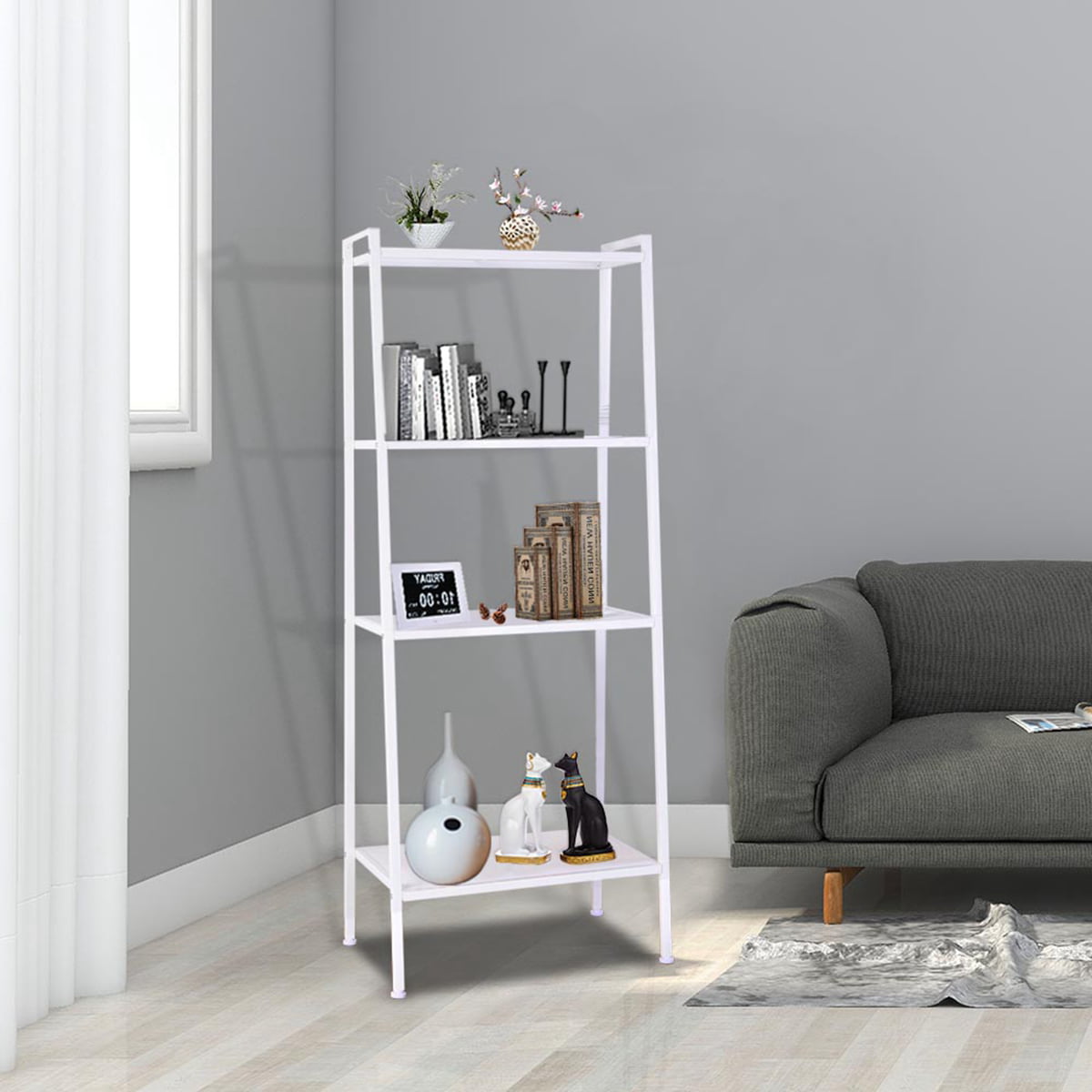 Plant Flower Display Stand Wood Look Storage Rack Bookshelf with Metal Frame Ideal for Bedroom Living Room Balcony Office White, 1 Tangkula 5-Tier Ladder Shelf Bookcase Against The Wall