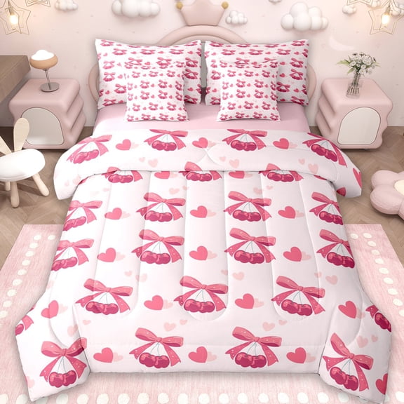Erosebridal Pink Bowknot Kids 7-Piece Twin Bedding Sets,Red Cherries Romantic Hearts Print Bedding Comforter Set For Girls,Reversible pink