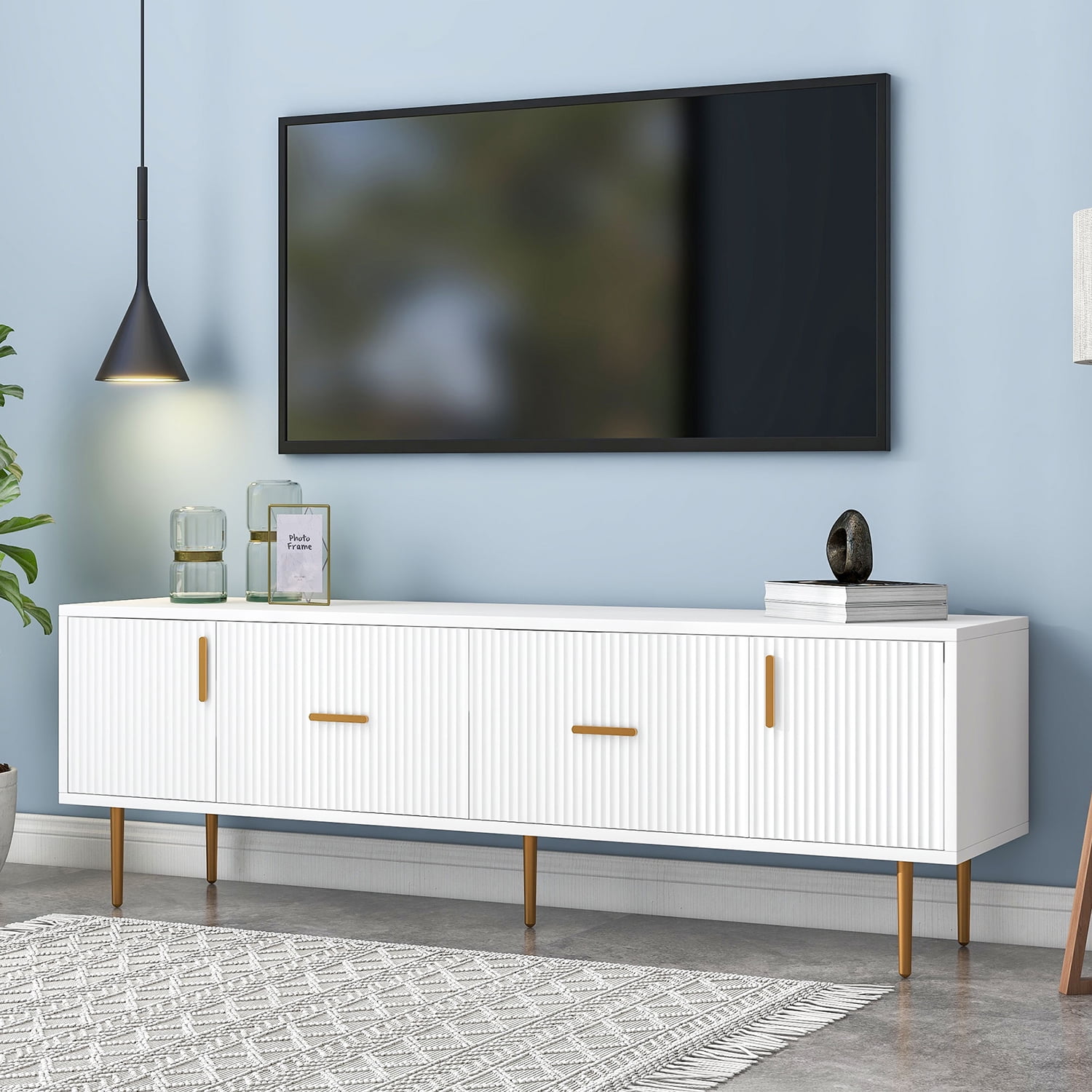 Kepooman Modern TV Stand with 5 Champagne Legs, TV Cabinet with Storage Bin for Living Room, White Kepooman Modern TV Stand with 5 Champagne Legs, TV Cabinet with Storage Bin for Living Room, White