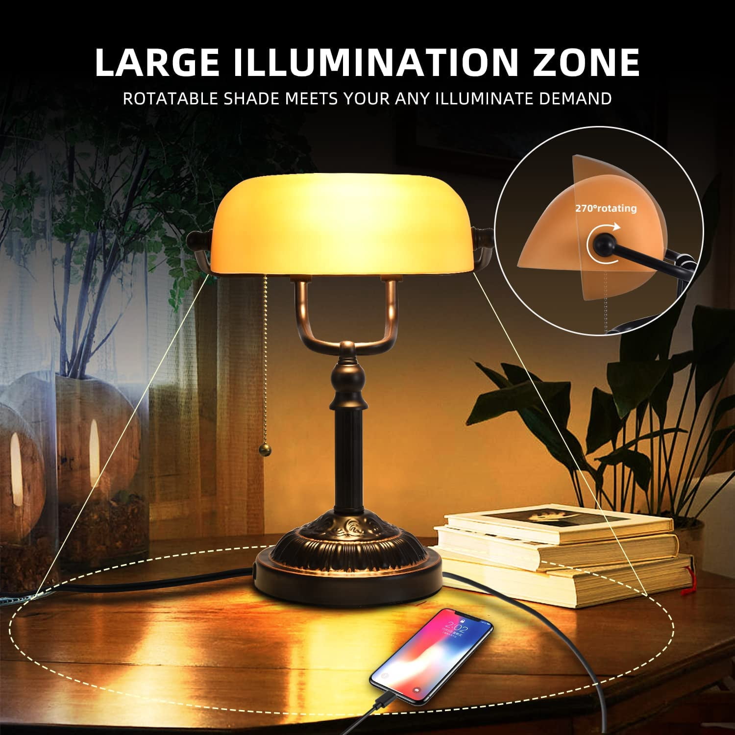 LINSHUI Rustic Desk Lamp Pull Chain, Traditional Bankers Lamp with USB