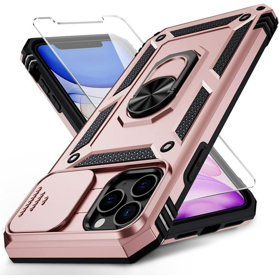 for iPhone 11 Pro Max Case with Camera Lens Cover, HD Screen Protector, 10 FT Military Grade Drop Protection, Magnetic Ring Holder Kickstand Protective Phone Case for iPhone 11 Pro Max, Rose Gold