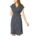 thumbnail image 5 of DARING DIVA V Neck Ruffle Trim Cuff Self Belt Printed Midi Wrap Dress M Blue, 5 of 7