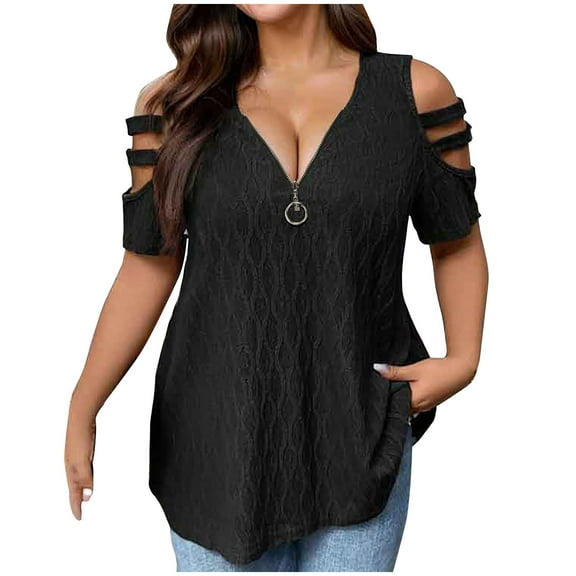 hopeusnice Women's Flare Hem Flowy Shirts Trendy Casual Loose Cut out Cold Shoulder Short Sleeve Plus Size Blouse Fashion Solid Color Tunic Summer Tops Zipper V Neck T-Shirts for Woman