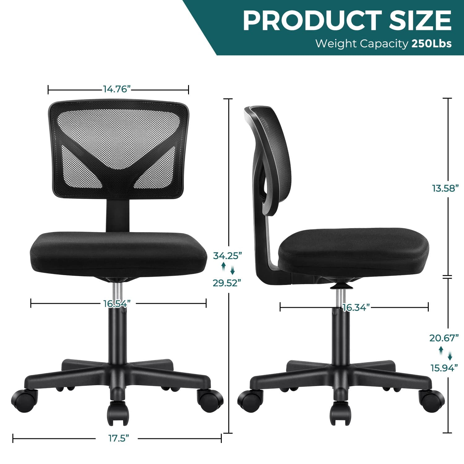 LIFERECORD Ergonomic Armless Office Chair, Swivel Rolling Mesh Desk Chair with Lumbar Support, Adjustable Height Low-Back Computer Chair for Small Spaces, Home, Bedroom, Office