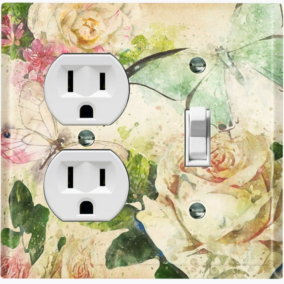 Metal Light Switch Plate Outlet Cover White Rose Flower Butterfly ROS004
