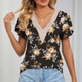 thumbnail image 3 of Guipure Lace Printed Blouse V Neckline Petal Short Sleeved Guipure Blouse for Women Dating Red Flower Black Background XL, 3 of 6