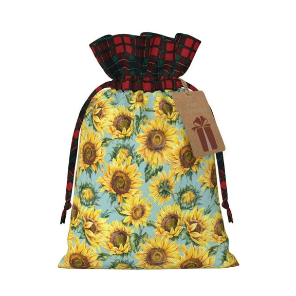 Kdxio Farmhouse Sunflower Christmas Drawstring Bags Xmas Buffalo Plaid Candy Bags Linen Treat Bags Christmas Gift Bags for Presents-Black