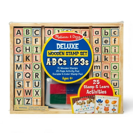 Melissa & Doug Deluxe Letters and Numbers Wooden Stamp Set ABCs 123s With Activity Book, 4-Color Stamp Pad - FSC Certified