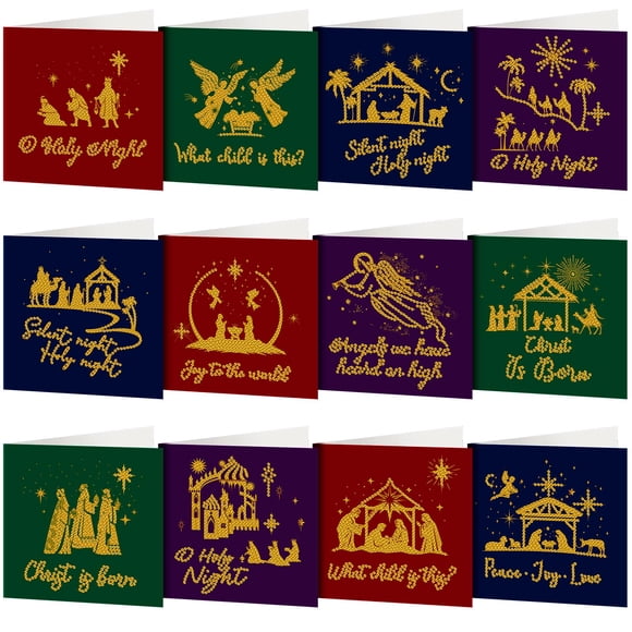 Kit de 12 tarjetas de felicitación navideñas religiosas TecUnite con diamantes, 15 x 30 cm