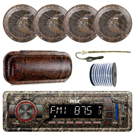 Pyle Marine Single-DIN Bluetooth MP3 USB AUX Camo AM/FM Radio, 4x Pyle 6.5'' Waterproof Camo Speakers, Stereo Shield Cover, Enrock Camouflage Boat Antenna, 18-G 50 Ft