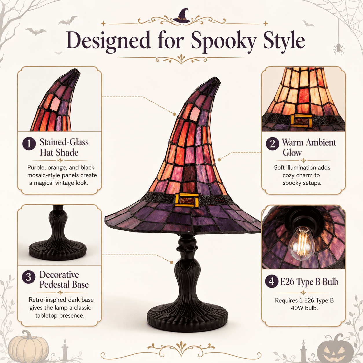2026 Stained Glass Witch Hat Table Lamp, Colorful Gothic Halloween Décor with Purple & Orange Panels for Seasonal Accent Lighting & Display