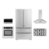 Cosmo 5 Piece Kitchen Package With 30" Gas Cooktop 24" Single Electric Wall Oven 24.4" Countertop Microwave French Door Refrigerator & 24" Built-in Fully Integrated Dishwasher